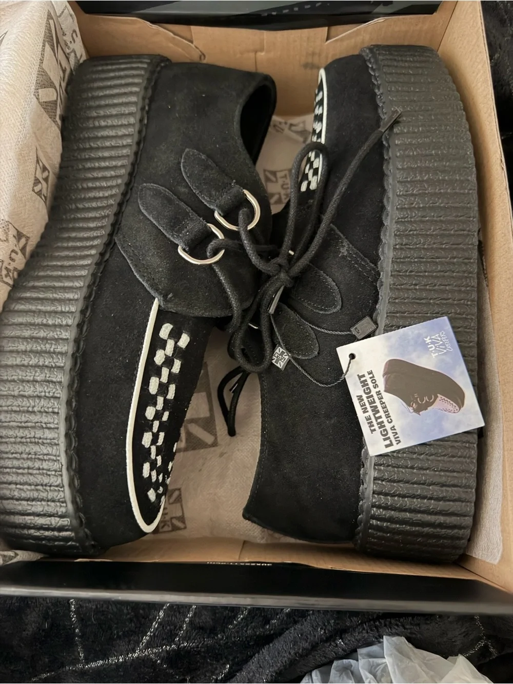 T.U.K Black Suede Creeper Shoes with White Stitching and Piping